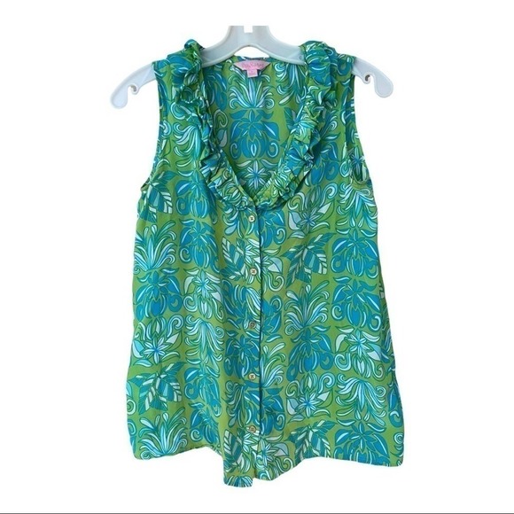 Lilly Pulitzer Sleeveless Silk Ruffle Collar Top. Limeade Purrfect Paradise 2
C - Picture 1 of 9